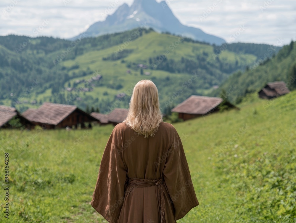 woman admiring scenic mountain landscape woman admiring scenic mountain landscape