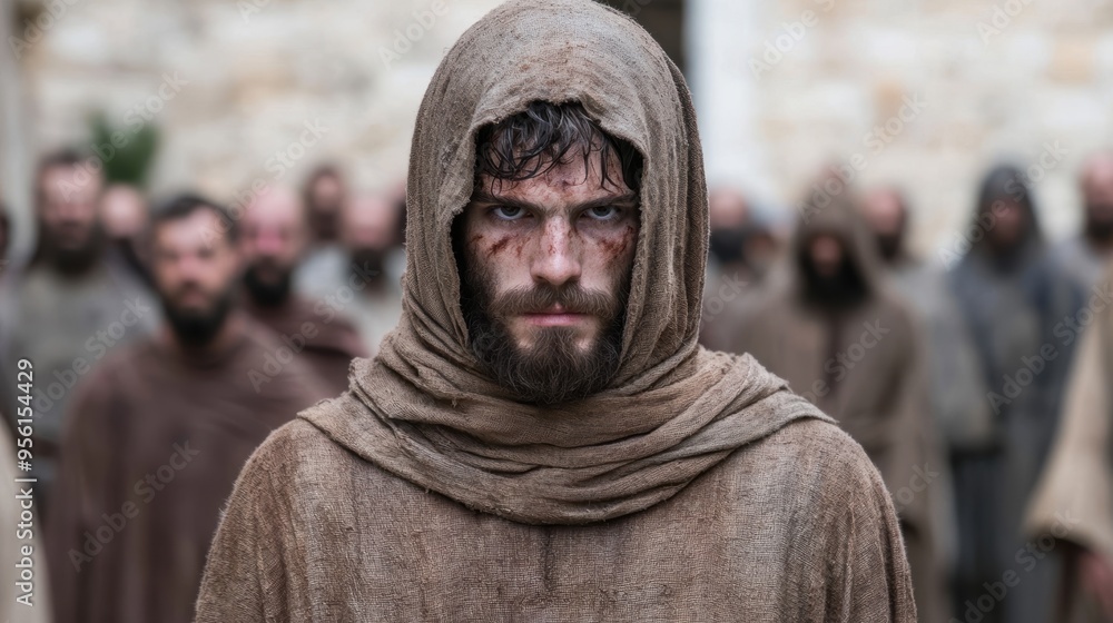 Hooded man with beard in crowd Hooded man with beard in crowd