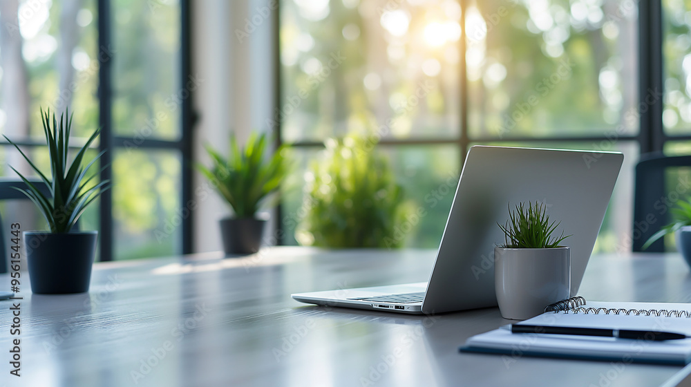 a clean and modern office interior with large windows, soft lighting a clean and modern office interior with large windows, soft lighting