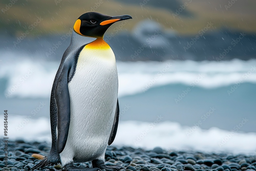 Fototapeta premium King Penguin Standing on a Pebbled Beach in the Rain