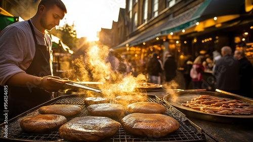 Grilling Delights: A Bustling Market Scene Filled with Food and Laughter photo