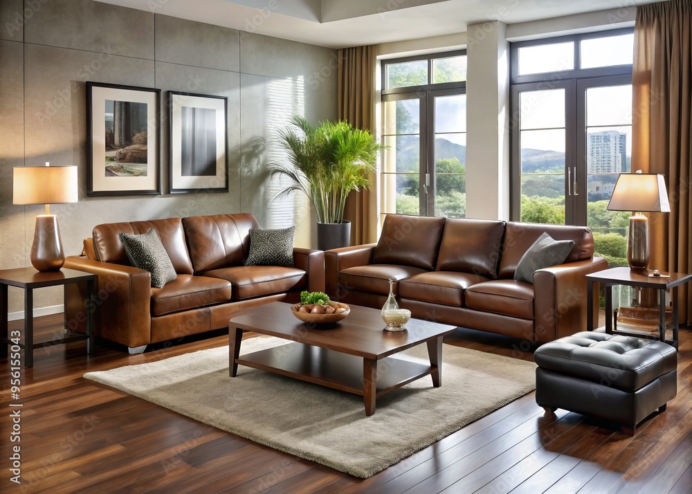Soft, supple leather couches and chairs are arranged in a modern living room, paired with a chic coffee Soft, supple leather couches and chairs are arranged in a modern living room, paired with a chic coffee