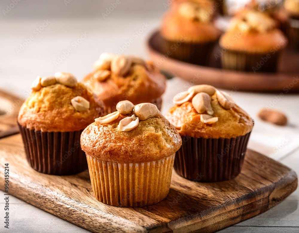 Peanut Muffins: Fluffy peanut muffins presented on a wooden board, with a cozy bakery background Peanut Muffins: Fluffy peanut muffins presented on a wooden board, with a cozy bakery background