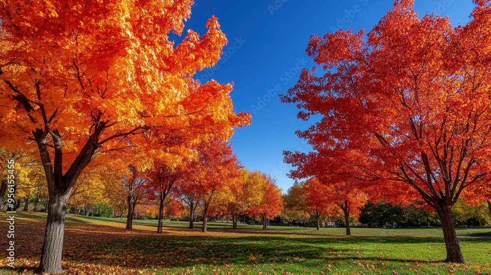 A scenic park in fall, with trees displaying a riot of colors from deep reds to bright oranges A scenic park in fall, with trees displaying a riot of colors from deep reds to bright oranges