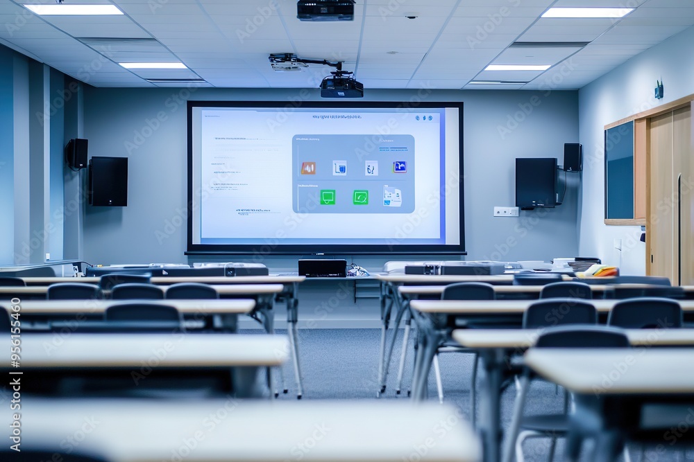 Empty modern classroom with digital whiteboard Empty modern classroom with digital whiteboard