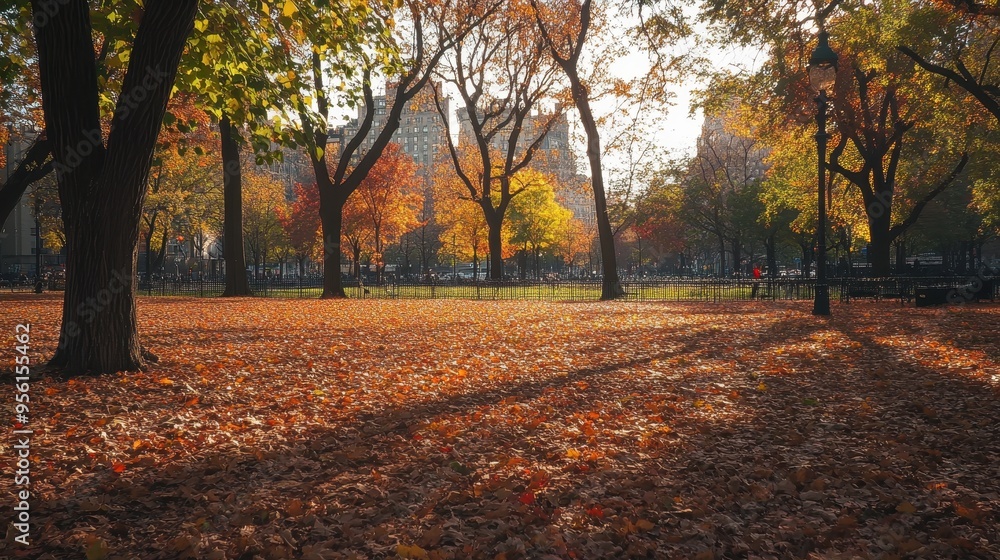 A quiet park in the fall, with leaves scattered across the ground and the trees A quiet park in the fall, with leaves scattered across the ground and the trees