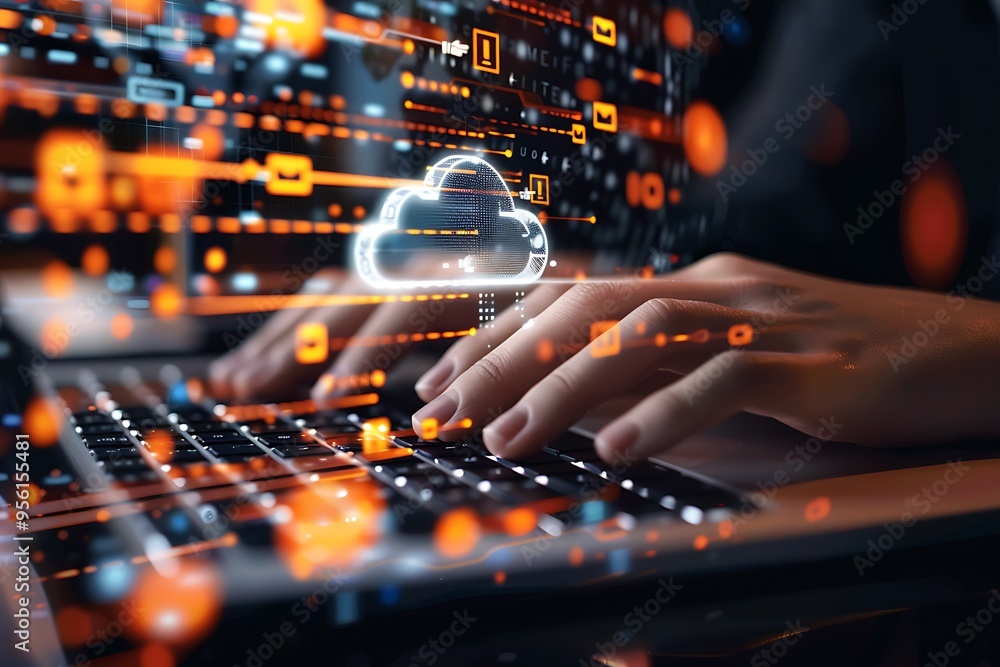 A Person Using a Laptop to Access Cloud Computing with Colorful Digital Effects A Person Using a Laptop to Access Cloud Computing with Colorful Digital Effects