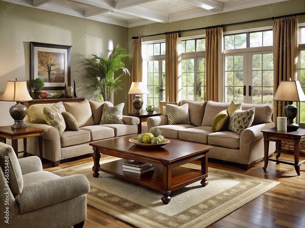 Sophisticated hues and plush textures create a warm ambiance in this elegant living room, perfect for unwinding with Sophisticated hues and plush textures create a warm ambiance in this elegant living room, perfect for unwinding with