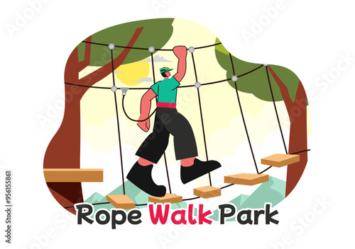 Rope Walk Park Vector Illustration of an Adventure Activity for Children Climbing Ropes at Height, Overcoming Obstacles with Safe Equipment