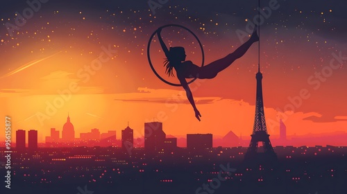 Aerialist Silhouette Against Paris Skyline at Sunset
