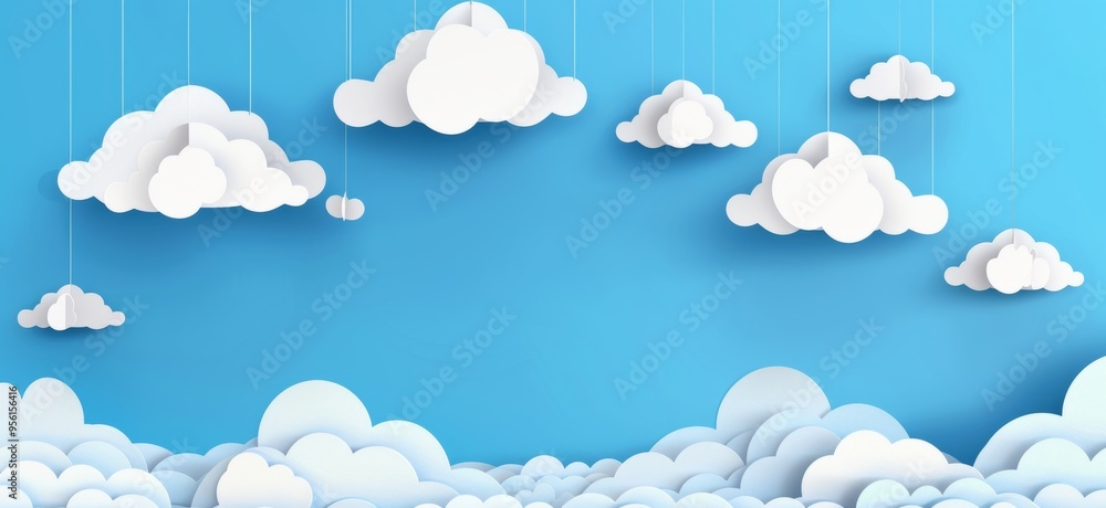 A blue sky with white clouds and a paper airplane flying through the clouds A blue sky with white clouds and a paper airplane flying through the clouds