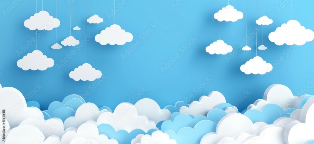 A blue sky with white clouds and a paper airplane flying through the clouds A blue sky with white clouds and a paper airplane flying through the clouds