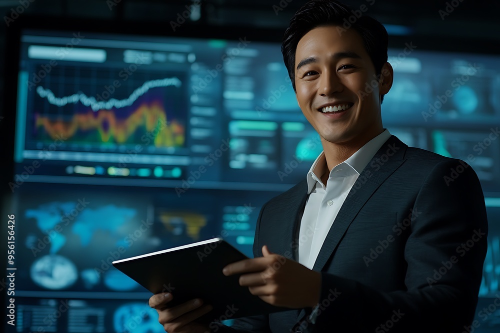 Confident Business Professional Analyzing Data Trends with Digital Tools and Technology Confident Business Professional Analyzing Data Trends with Digital Tools and Technology