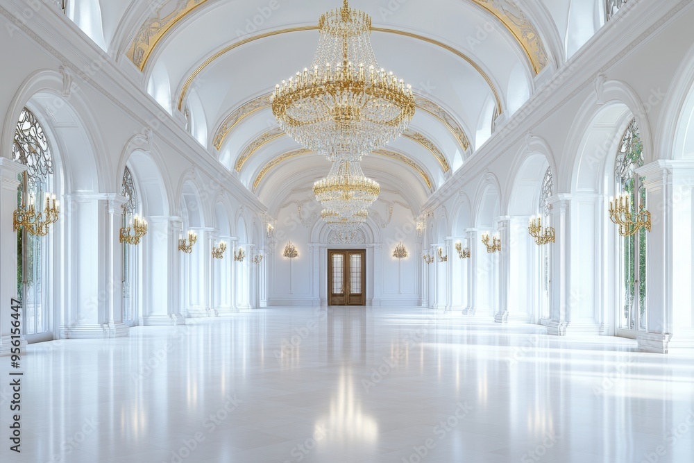Fototapeta premium A majestic grand hall featuring crystal chandeliers, baroque details, and a royal color scheme