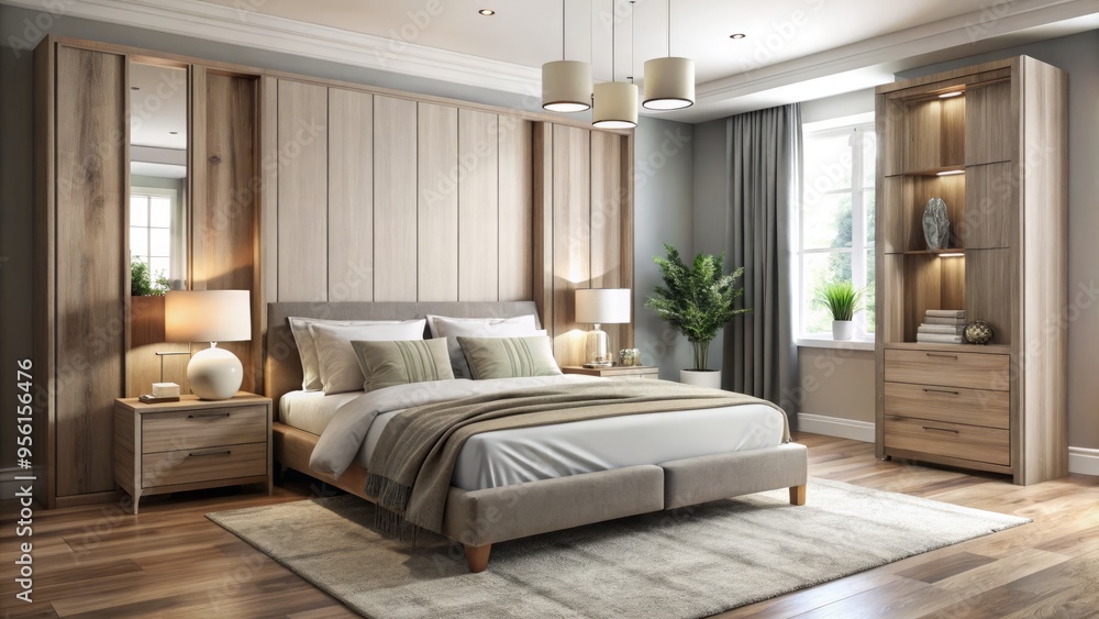 Sophisticated spaces feature sleek beds, minimalist dressers, and tailored wardrobes in calming hues, accentuated by Sophisticated spaces feature sleek beds, minimalist dressers, and tailored wardrobes in calming hues, accentuated by