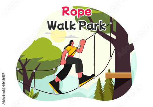 Rope Walk Park Vector Illustration of an Adventure Activity for Children Climbing Ropes at Height, Overcoming Obstacles with Safe Equipment