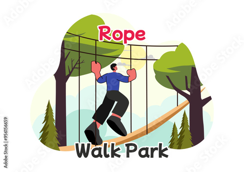 Rope Walk Park Vector Illustration of an Adventure Activity for Children Climbing Ropes at Height, Overcoming Obstacles with Safe Equipment