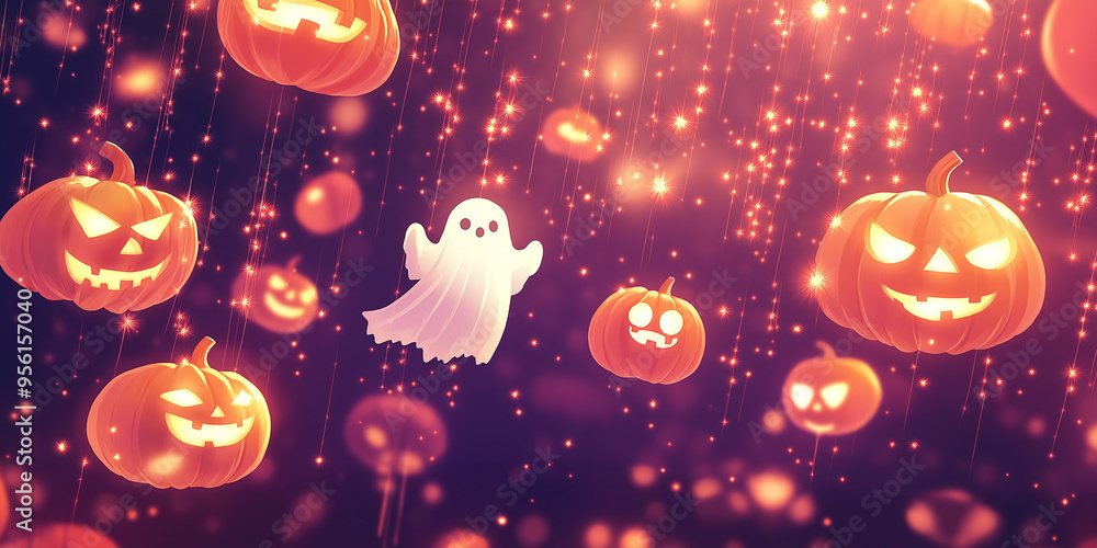 Fototapeta premium Whimsical Halloween background with jack-o’-lanterns and ghosts floating in twilight sky 