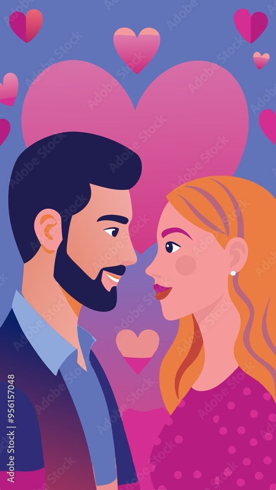 Loving couple with romantic mood facing each other on colorful heart background Loving couple with romantic mood facing each other on colorful heart background