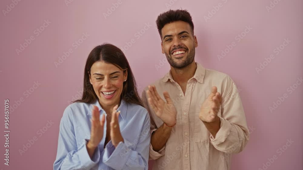 Laughing man and woman clapping hands together against an isolated pink background celebrating something joyfully Laughing man and woman clapping hands together against an isolated pink background celebrating something joyfully