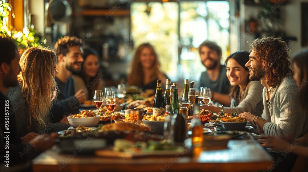 Friends Enjoying Delicious Dinner Together at Home Friends Enjoying Delicious Dinner Together at Home