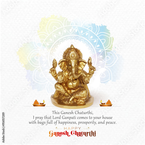 Indian Ganesh Chaturthi wishes card. Abstract golden Lord Ganesha vector illustration and ethnic background.