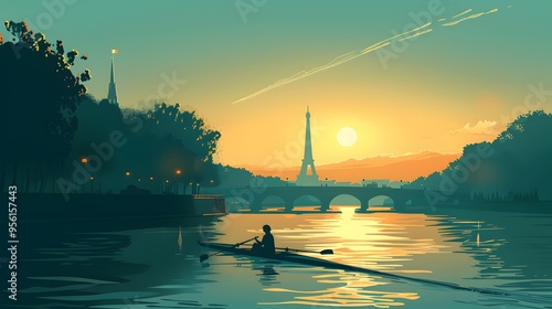 A rower on the Seine with the Eiffel Tower in the distance, captured in sleek vector design.