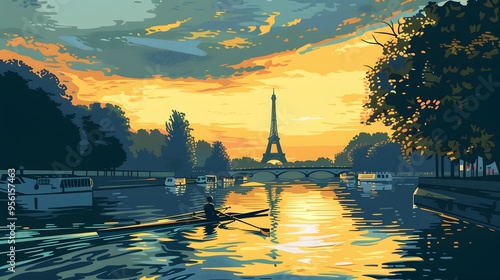 A rower on the Seine with the Eiffel Tower in the distance, captured in sleek vector design.