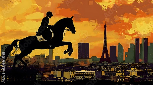 Equestrian Silhouette Against Paris Skyline
