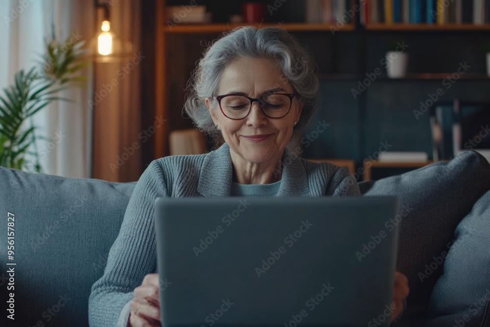 Elderly woman working from home on laptop taking notes. Elderly woman working from home on laptop taking notes.