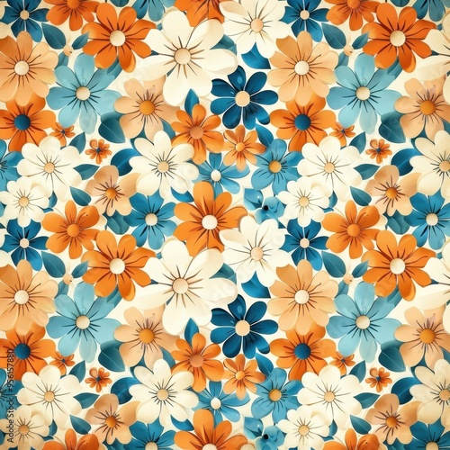 Floral Pattern with Blue, Orange, and White Flowers