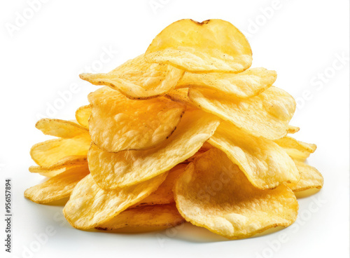 Potato Chips Organic Crinkle Ready to Eat Snack. Realistic potato chips isolated on white background, icon, detailed. Grocery product package, menu, advert