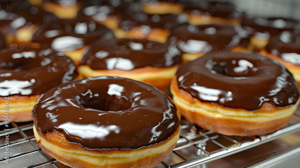 Chocolate Glazed Donuts Perfectly Arranged on a Cooling Rack Chocolate Glazed Donuts Perfectly Arranged on a Cooling Rack
