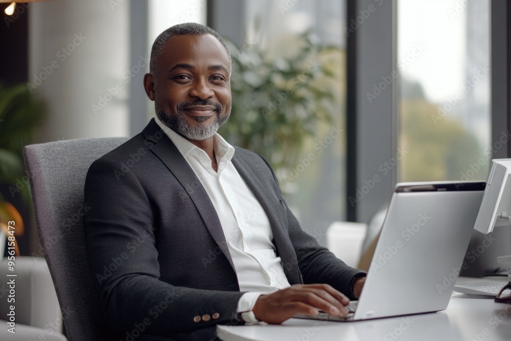 Successful mature businessman working on laptop in modern office. Successful mature businessman working on laptop in modern office.