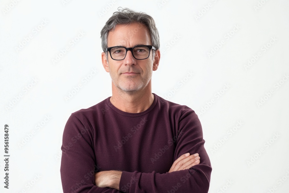 Middle aged man with glasses standing confidently on white background. Middle aged man with glasses standing confidently on white background.
