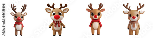 Cute cartoon reindeer characters with festive accessories, perfect for holiday designs and cheerful decorations. isolated on a transparent background