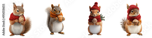 Cute cartoon squirrels in winter attire, showcasing playful poses and vibrant colors, perfect for seasonal themes and designs. isolated on a transparent background