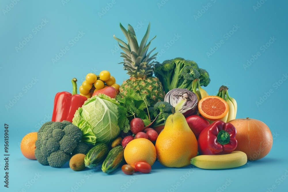 Variety of Fresh Fruits and Vegetables on a Blue Background