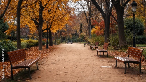 An autumn park with benches and pathways surrounded by trees in full fall color, ideal as a scenic background