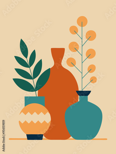 Decorative vases and plants arranged in a minimalist style showcasing earthy tones and shapes on a neutral background