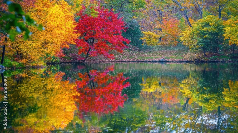 Naklejka premium Fall colors reflected in a park pond, with the trees' vibrant leaves creating a mirror image on the still water