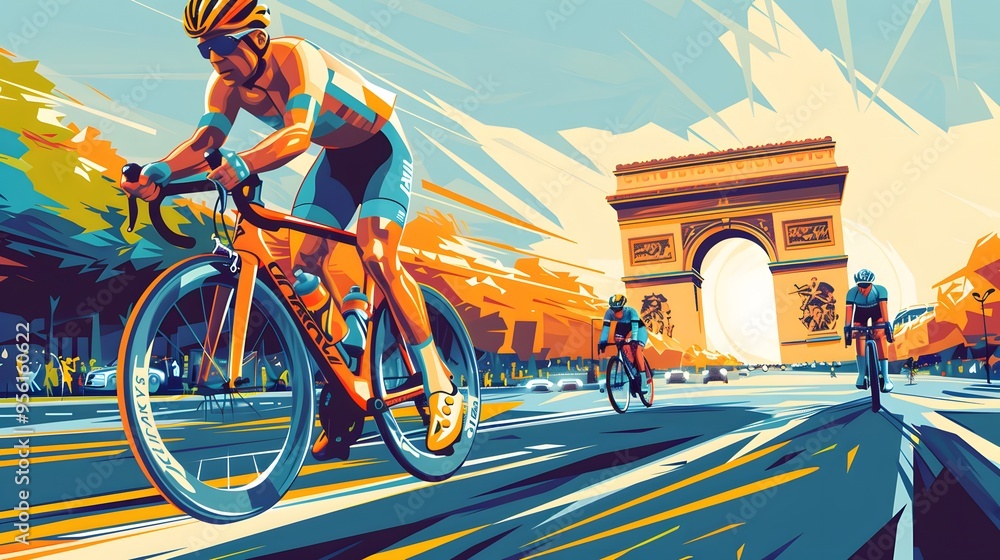 Fototapeta premium A cyclist sprinting to the finish line, with the Champs- lys es and Arc de Triomphe as backdrop, illustrated in modern vector style.