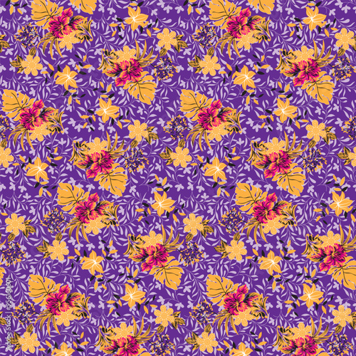 PrintA close up of a purple and orange floral pattern generative ai photo