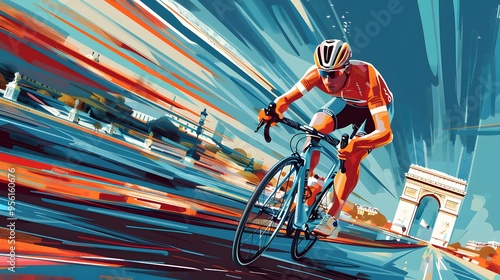 A cyclist sprinting to the finish line, with the Champs- lys es and Arc de Triomphe as backdrop, illustrated in modern vector style.