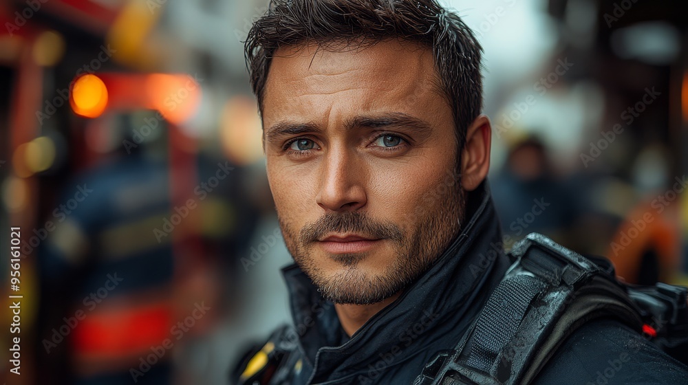 Portrait of a Confident Firefighter with Blurred Background Portrait of a Confident Firefighter with Blurred Background