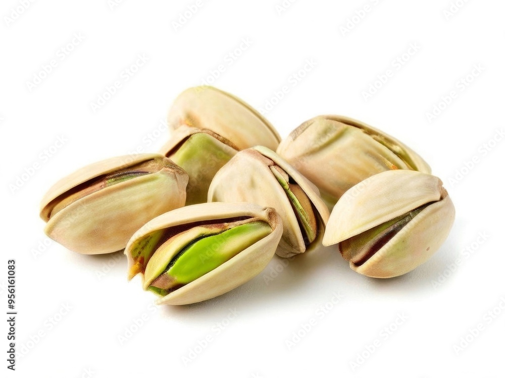 Close-up of handful of pistachios isolated on white background. Generated by AI. Close-up of handful of pistachios isolated on white background. Generated by AI.