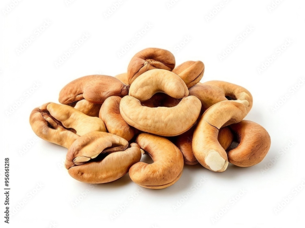 Close-up of handful of cashew nuts isolated on white background. Generated by AI. Close-up of handful of cashew nuts isolated on white background. Generated by AI.