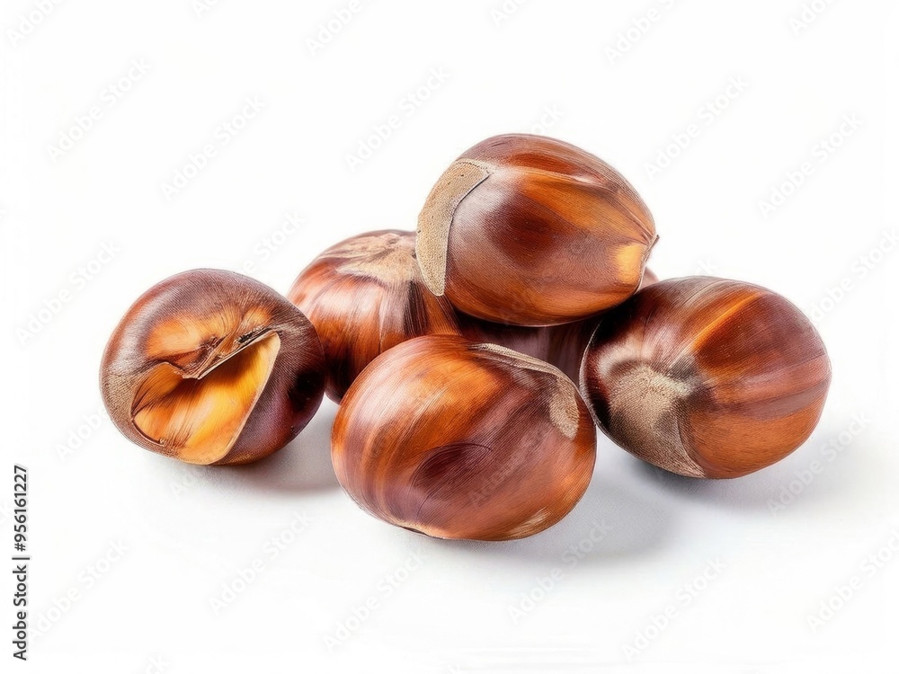 Close-up of chestnuts isolated on white background. Generated by AI. Close-up of chestnuts isolated on white background. Generated by AI.