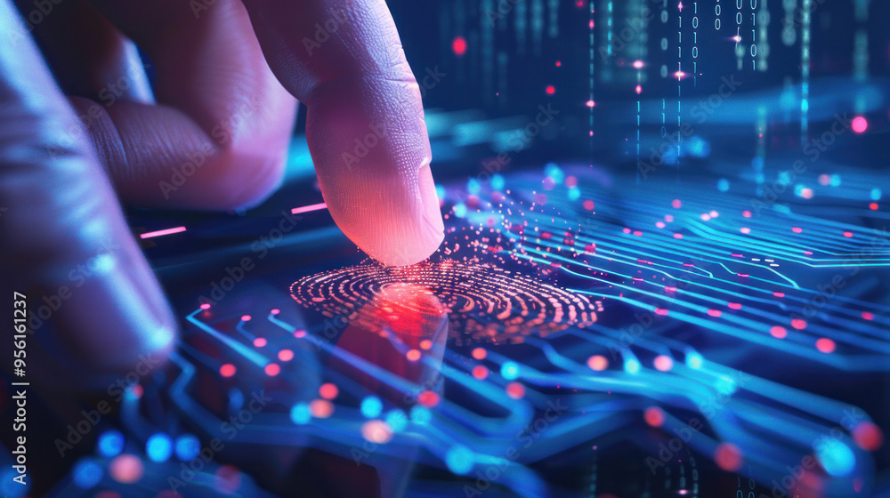 photograph of Close-up of a finger pressing on a fingerprint scanner with a digital interface in the background photograph of Close-up of a finger pressing on a fingerprint scanner with a digital interface in the background