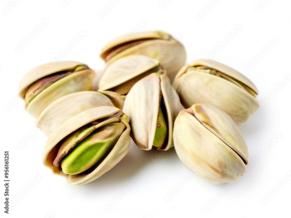 Close-up of handful of pistachios isolated on white background. Generated by AI. Close-up of handful of pistachios isolated on white background. Generated by AI.